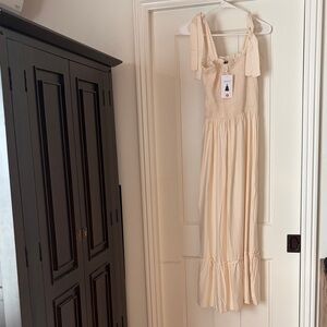 Smocked Tie-Shoulder Maxi Dress in Cream